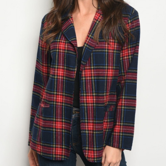 Last size S! FLANNEL NAVY RED CHECKERED BLAZER - Picture 1 of 8